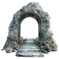 Stone archway leading to stone path with rocks on each side photo