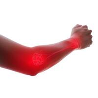 Arm is being held out with the elbow highlighted showing pain photo