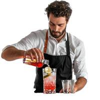 Skilled bartender in apron adding liquor to a mixed drink on a transparent background photo
