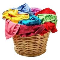 Wicker laundry basket overflowing with folded colorful clothes photo