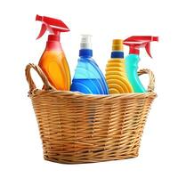 Cleaning supplies in wicker basket on transparent background photo