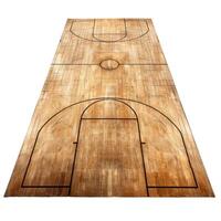 Top view of an empty basketball court with wood floor texture and court lines, isolated on transparent background photo