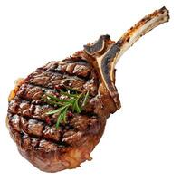 Grilled tomahawk steak standing up with rosemary and peppercorn photo