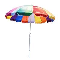 Colorful beach umbrella standing on white background representing summer holidays photo