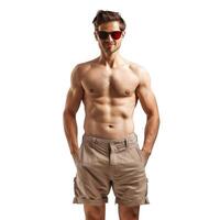Muscular man with sunglasses and bare torso posing with hands in pockets photo