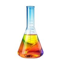 Erlenmeyer flask containing multicolored liquid showing chemical reaction photo
