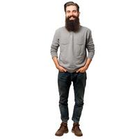 Handsome man with beard smiling and posing with hands in his pockets photo