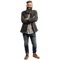 Bearded hipster smiling with folded arms on white background photo