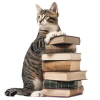 Curious cat with stack of books on transparent background photo