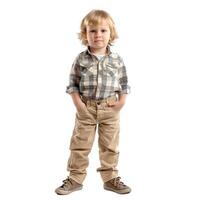 Young boy standing with hands in pockets posing on white background photo