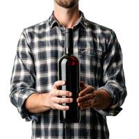 Man holding wine bottle on transparent background photo