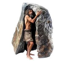 Primitive man emerging from stone cave photo