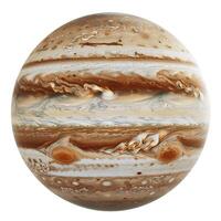Jupiter planet rotating in the space, showing the great red spot and other storms photo