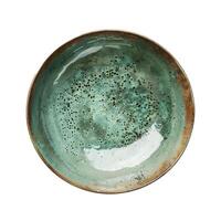 Empty rustic ceramic bowl with green glaze isolated on white background photo