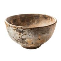 Old empty clay bowl isolated on white background showing age and wear photo