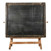 Old empty chalkboard with wooden frame on easel isolated on white photo