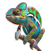 Colorful chameleon posing on a branch isolated on white background photo