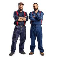 Two confident mechanics are posing with crossed arms on a white background photo