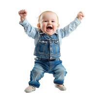 Happy baby boy is jumping for joy on a white background photo