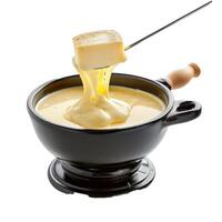 Fondue cheese dip with bread on fork photo