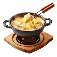 Dipping bread in melted cheese fondue using a fondue fork photo