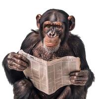 Chimpanzee looks focused while reading a newspaper against a transparent background photo