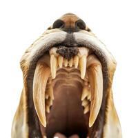 Saber toothed cat showing huge canines while growling photo