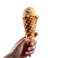 Hand holding a melting ice cream cone against a white background photo