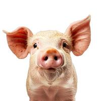 Piglet smiling on white background, close up portrait photo