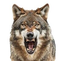 Aggressive wolf snarling showing teeth on white background photo