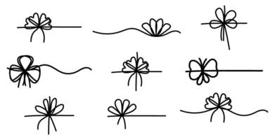 Set of simple black bows. Elegant gift ribbon on string for package or letter. Minimal line stroke style vector