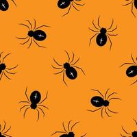 Black spiders on a orange background. Halloween seamless pattern. For backdrop, wrapping paper, fabric, wallpaper vector