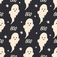 Seamless patterns with cute ghosts on black background. Simple spooky character. Festive background for Halloween. Boo vector