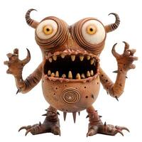 Ugly brown monster with big teeth and horns is posing photo