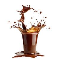 Chocolate milk splashing out of a plastic cup on a white background photo