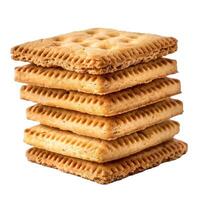 Stack of square crackers layered high on white background photo