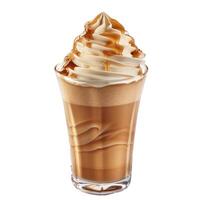 Caramel coffee latte is topped with whipped cream and caramel drizzle photo