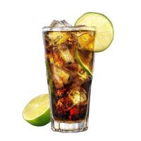 Glass of iced cola with lime wedges refreshing on white background photo