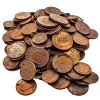 Pile of old rusty coins showing value in currency photo