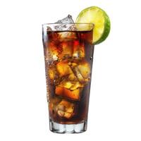 Glass of cola with ice cubes and lime wedge on white background photo