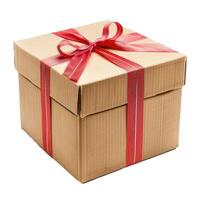Cardboard gift box tied with red ribbon isolated on white background photo