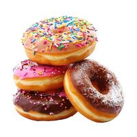 Stack of four colorful donuts with various toppings on white background photo