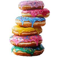 Delicious colorful donuts forming a stack dripping with icing and sprinkles photo