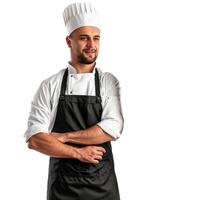 Confident chef posing with folded arms in uniform on white background photo