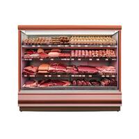 Refrigerated display case filled with fresh meat presenting large selection in butcher shop photo