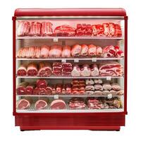 Fully stocked butcher's display case with variety of meats photo