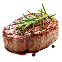 Grilled beef steak with rosemary and peppercorns on white background photo