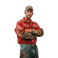 Confident worker in red jacket on transparent background photo