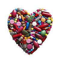 Colorful assortment of pills in heart shape on transparent background photo