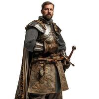 Medieval knight in full armor on grey background photo